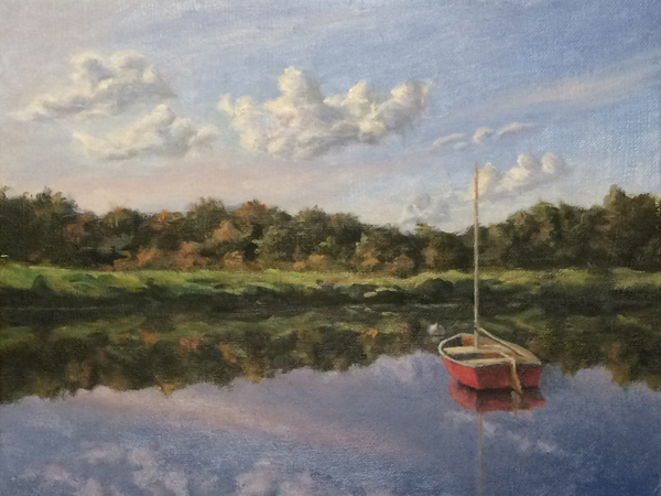 Will Kefauver oil painting, "Red Mooring"