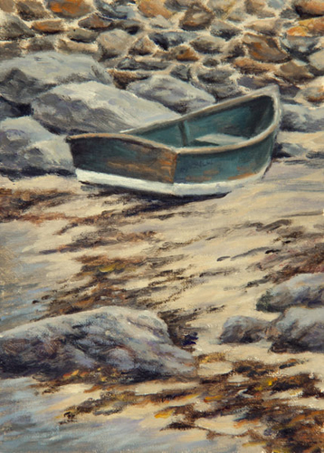 Will Kefauver oil painting, "Dinghy at Swim Beach"