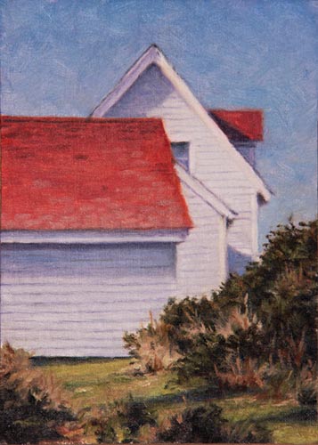 Will Kefauver oil painting, "Red and White, Monhegan"