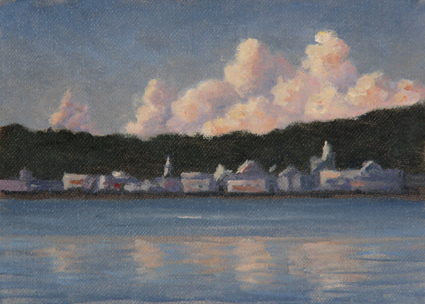 Will Kefauver oil painting, "River Town Dusk"