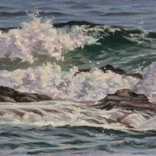 Will Kefauver oil painting, "Rocks at Pemaquid Point"