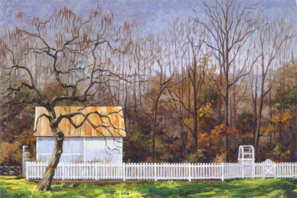 Will Kefauver oil painting, "Corn Crib, Muscoot Farm"