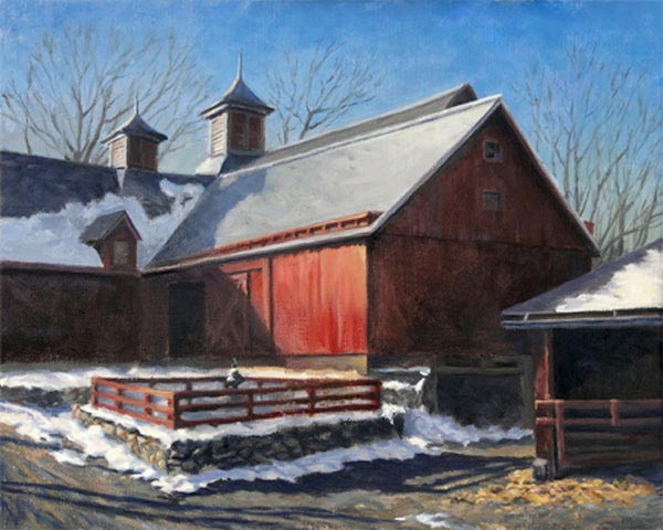 Will Kefauver oil painting, "Barn in Winter Light"