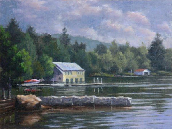 Will Kefauver oil painting, "Inlet Boathouse"